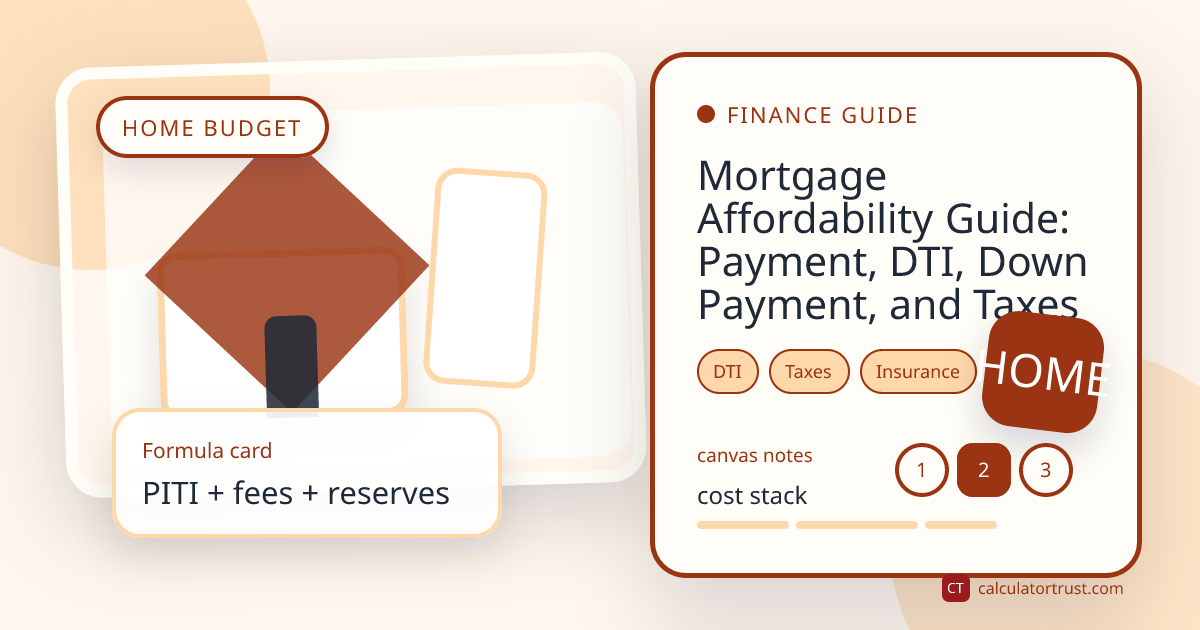 Calculator Trust editorial cover for a mortgage affordability guide with home paperwork, payment labels, and housing cost notes