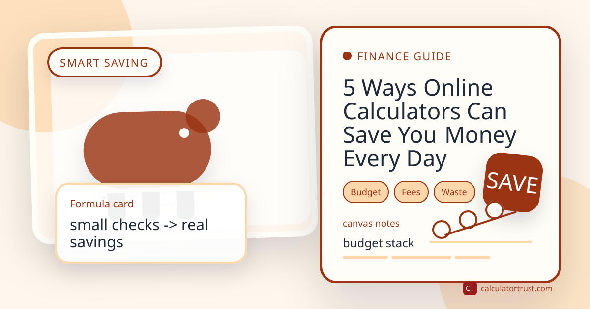 Calculator Trust editorial cover for saving money with a piggy bank photo, budget tags, and savings notes